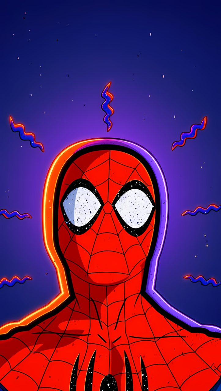 Stylized Spider-Man portrait in red webbed artwork with glowing orange and purple outlines against a deep blue background with floating sparks.