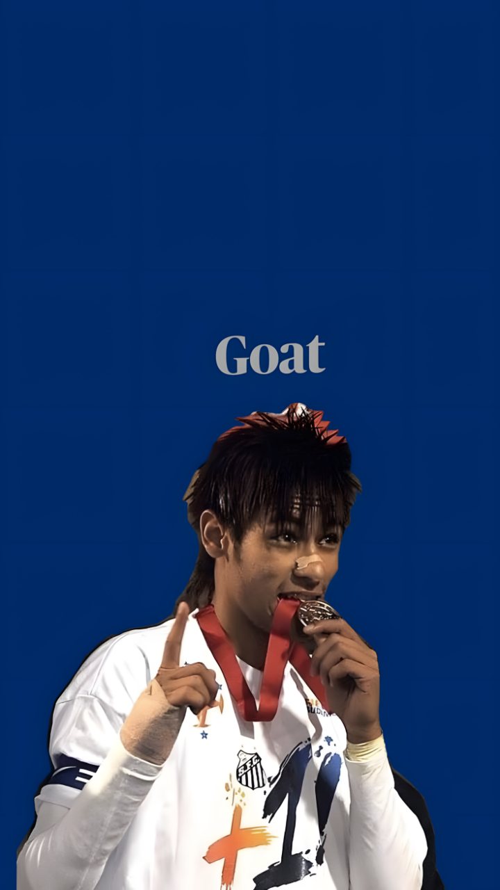 Neymar Jr in a Santos jersey kisses a medal beneath the word “Goat” against a deep blue background.