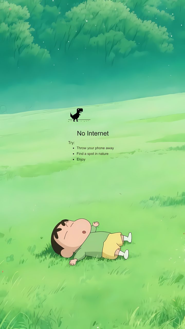 A cartoon child lies in a bright green meadow beneath a small dinosaur and the text “No Internet,” followed by tips to put the phone away and enjoy nature.
