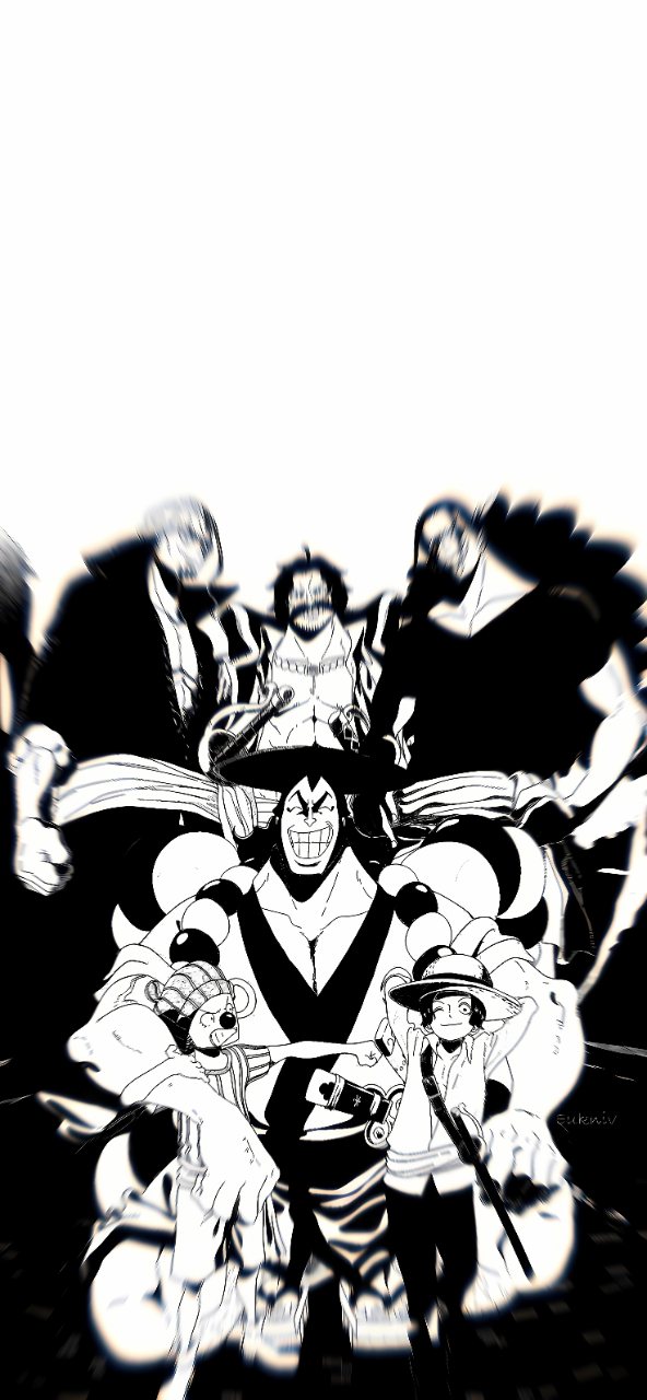 High-contrast black and white One Piece artwork showing Luffy and several members of the Straw Hat crew in a dramatic layered composition.