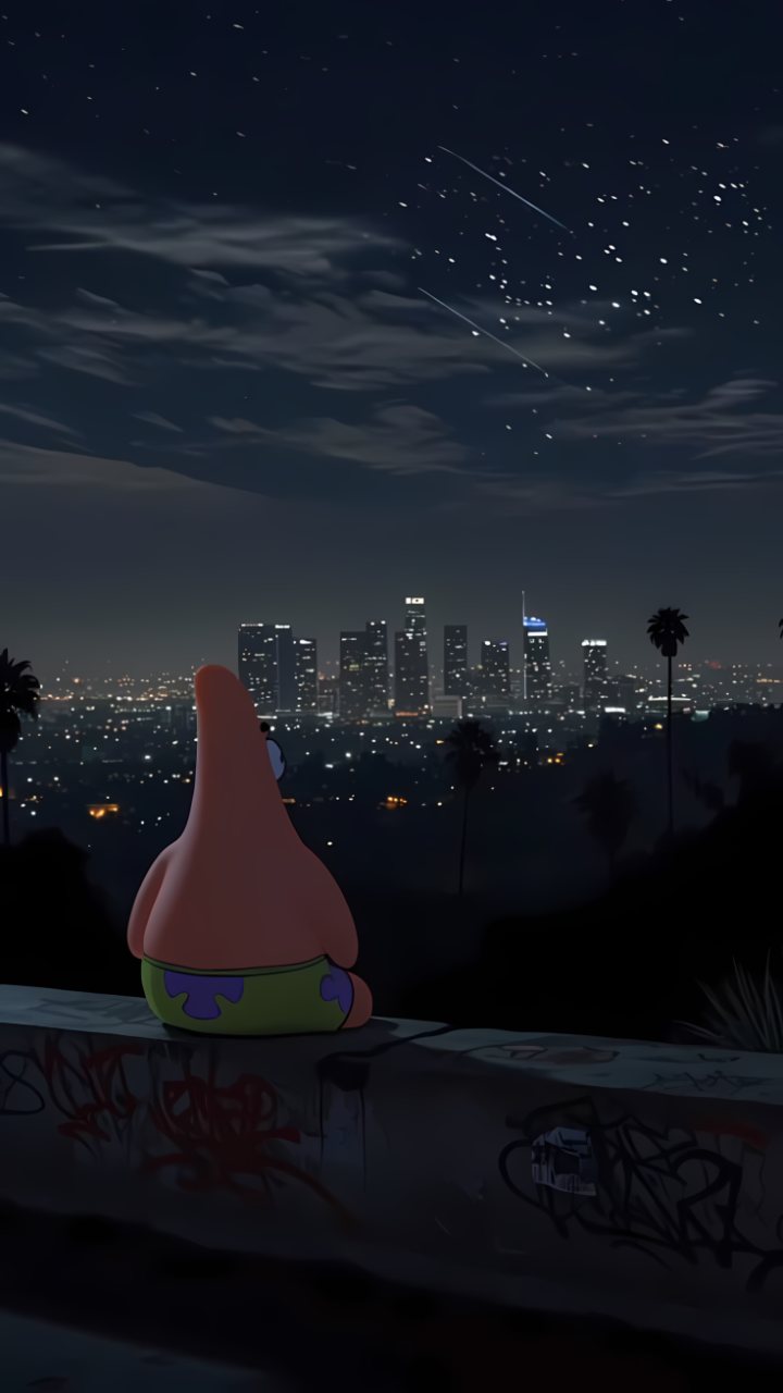 Patrick Star sits on a rooftop ledge at night, looking toward a glowing city skyline beneath stars and drifting clouds.