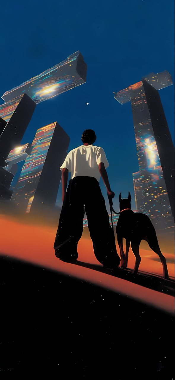 A person and dog stand together beneath tall reflective futuristic towers against a deep blue sky and glowing orange horizon.