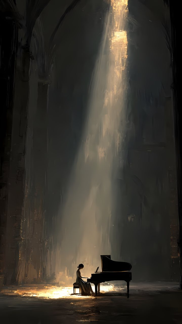 A woman plays a black grand piano beneath a narrow golden beam of light in a dark, cavernous space.