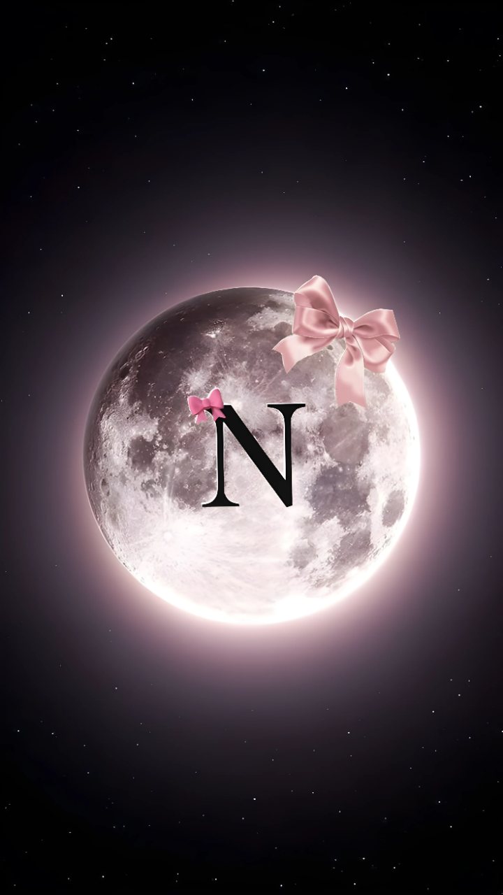 A glowing full moon with a large black letter N, pink bows, and stars against a dark purple-black sky.