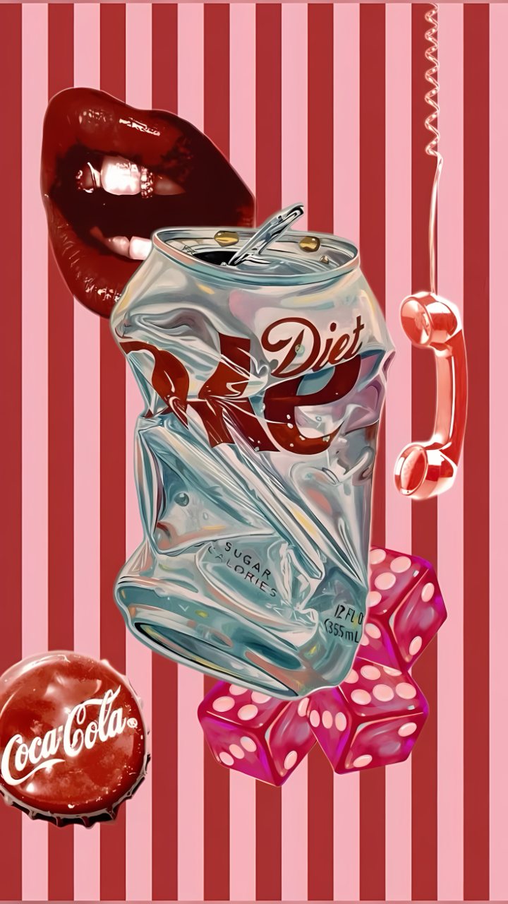 Pink and red striped collage with glossy lips, a crushed Diet Coke can, pink dice, candy, and Coca-Cola details.