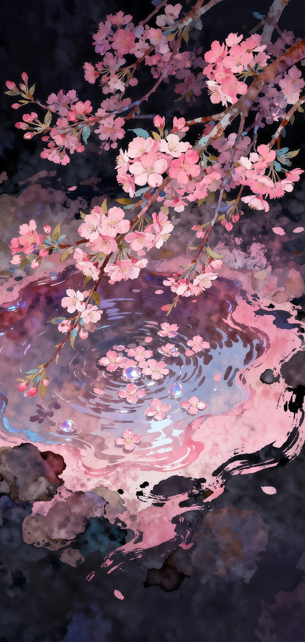 Pink sakura branches hang over a rippling reflective pool with floating blossoms, surrounded by dark blue, mauve, and rose watercolor textures.