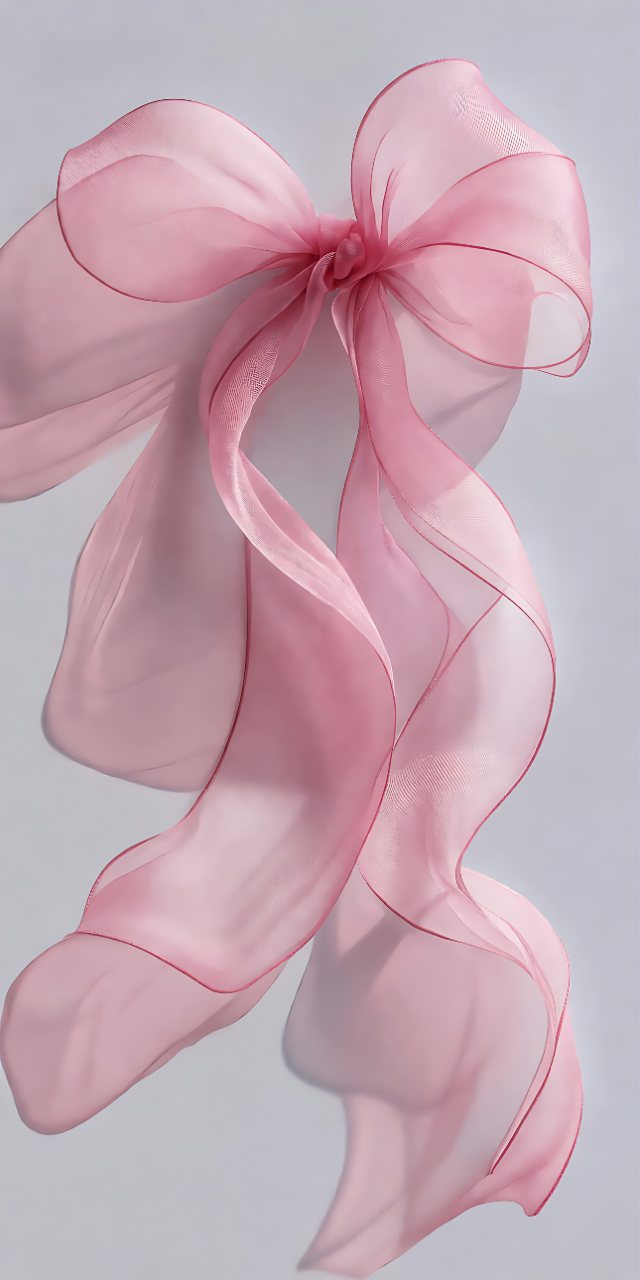 A large translucent pink fabric bow with flowing ribbon tails against a soft light gray background.