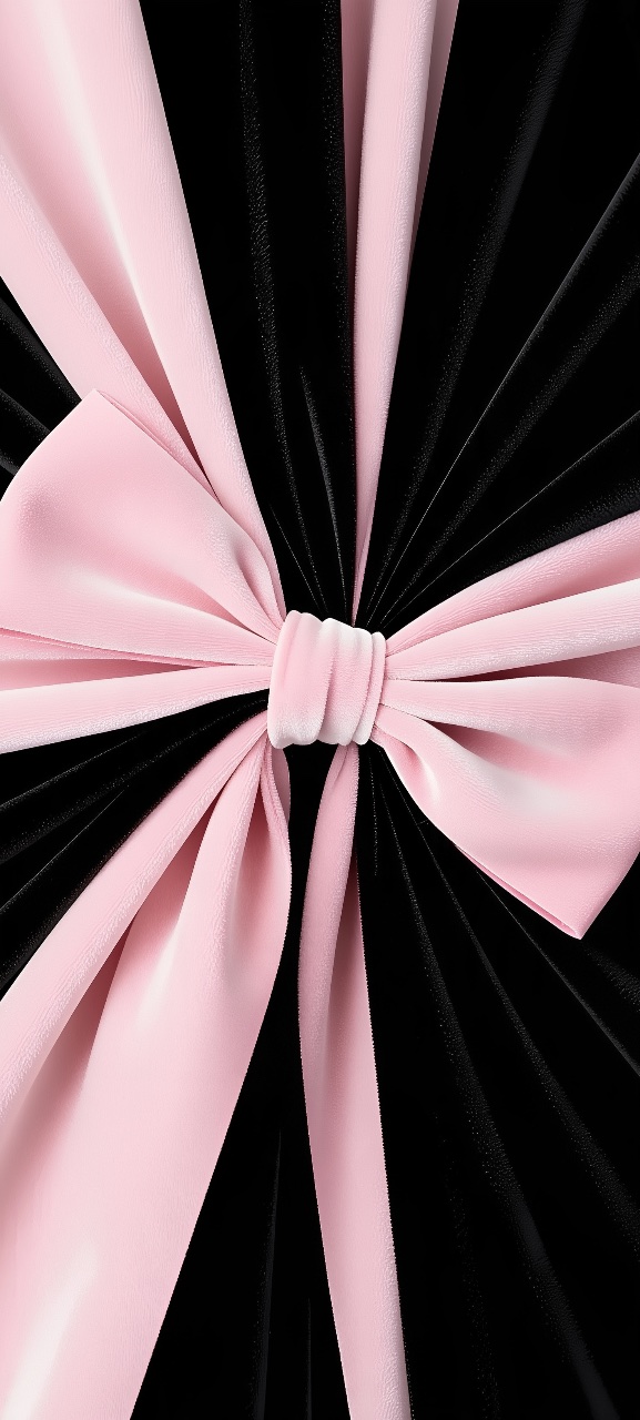 A large soft pink velvet bow with long ribbon loops and tails centered against a deep black background.