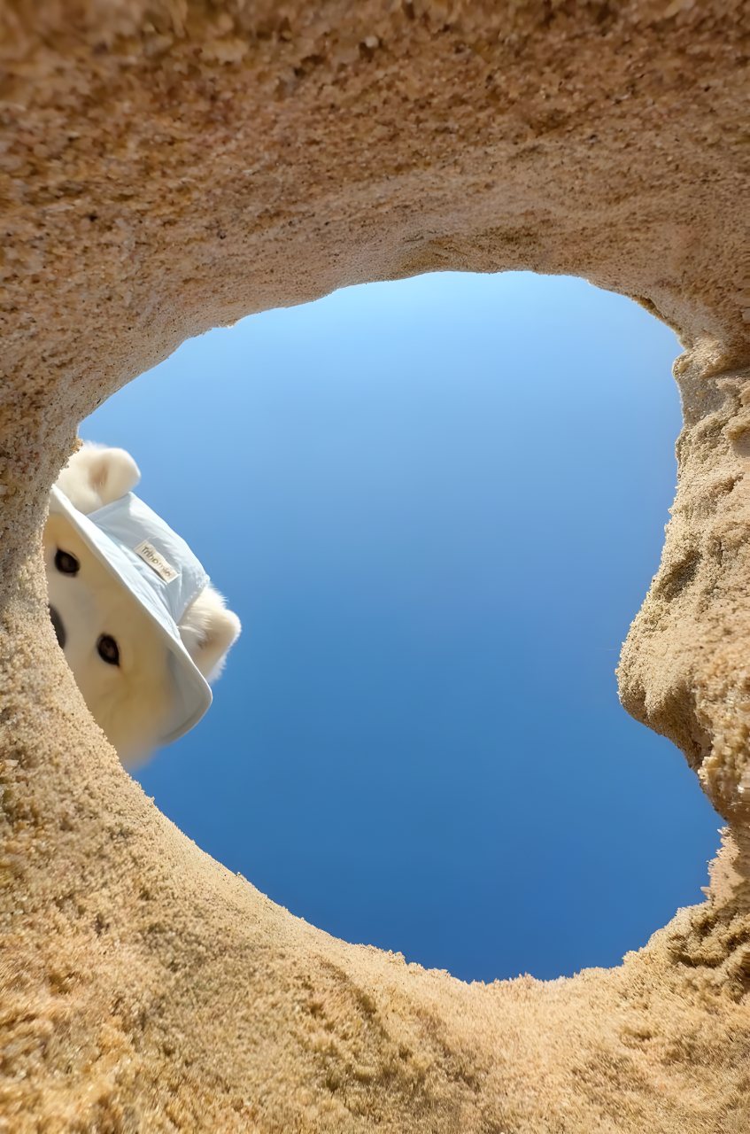 A white plush bear peeks through a rounded hole in a sandy surface beneath a clear blue sky.