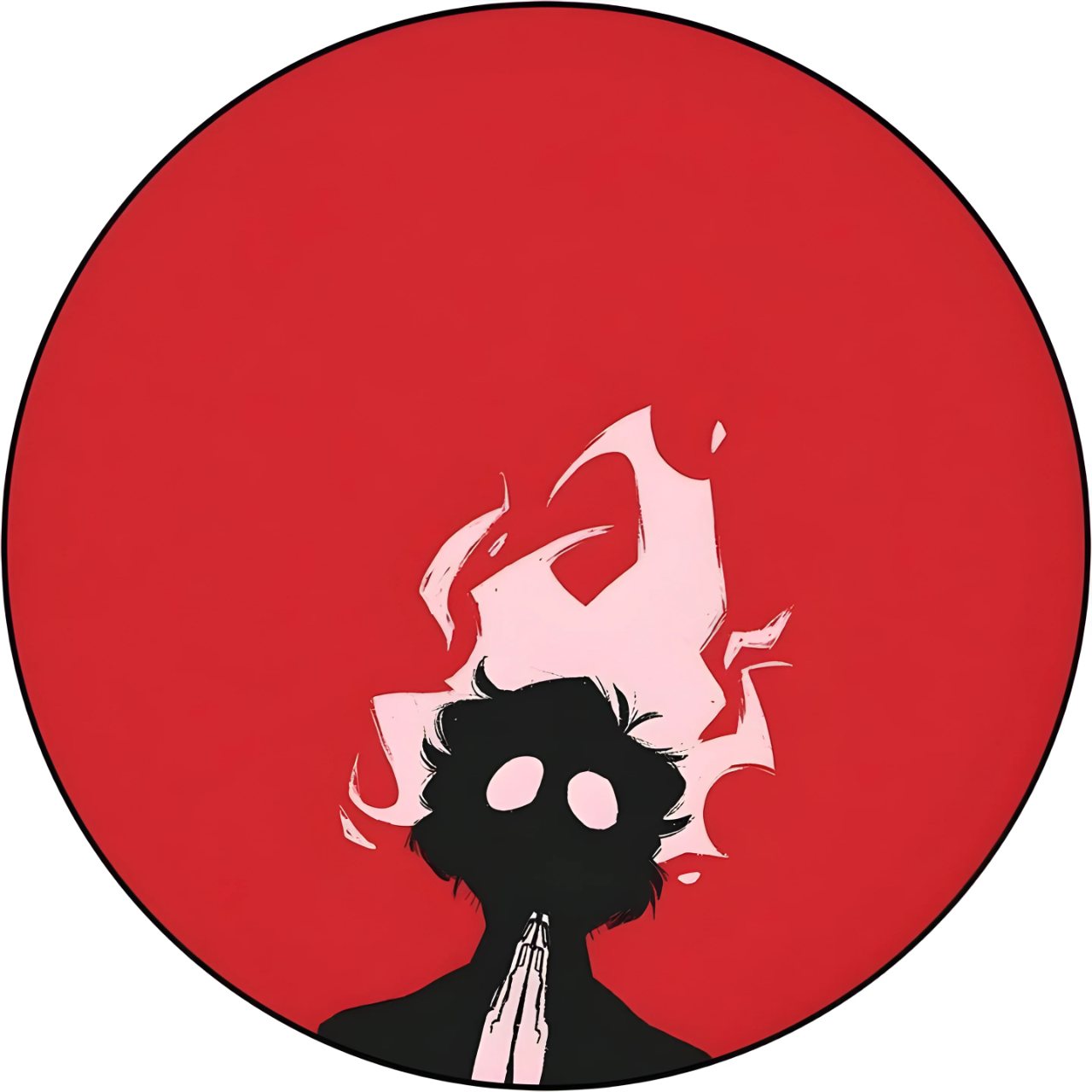 Graphic profile picture of a dark-haired silhouette praying with hands together inside a bold red circle on a white background.