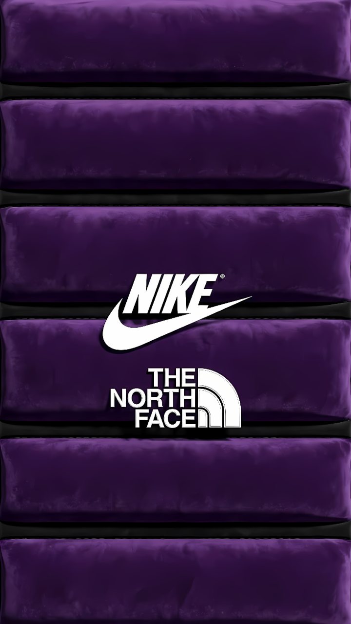 White Nike and The North Face logos centered on a dark purple padded textured phone wallpaper.