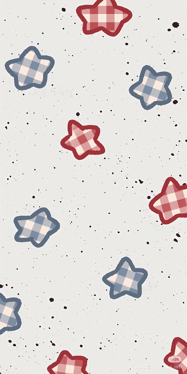 Red and blue plaid stars are scattered across a light background covered with small dark speckles.