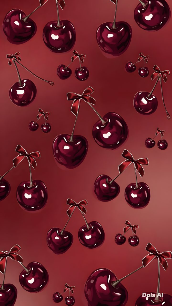 Glossy red cherries with stems tied in small bows repeat across a burgundy background, with a Dola AI watermark near the lower right.