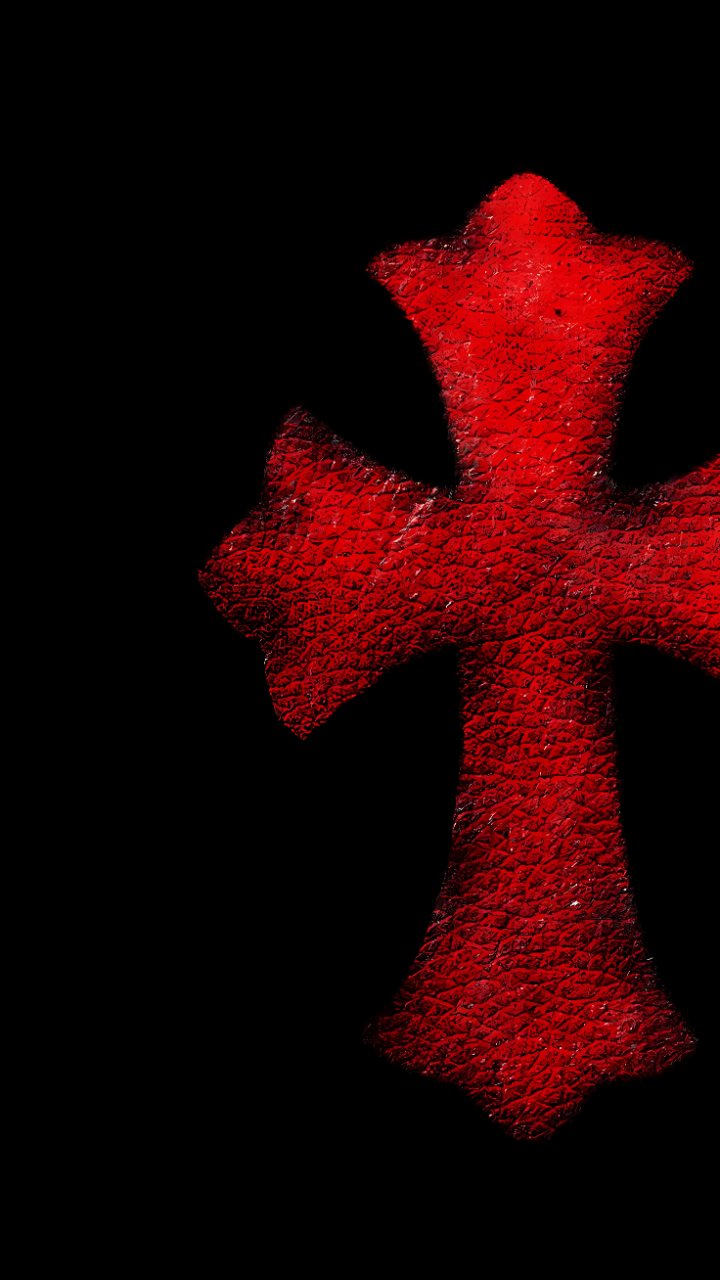 A textured red Chrome Hearts cross appears against a solid black background in a vertical phone wallpaper.