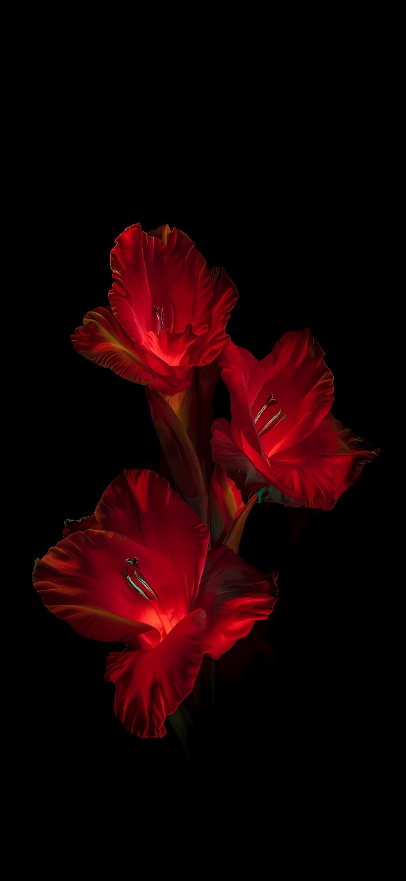 Three vivid red flowers with dark stems are arranged vertically against a black background.
