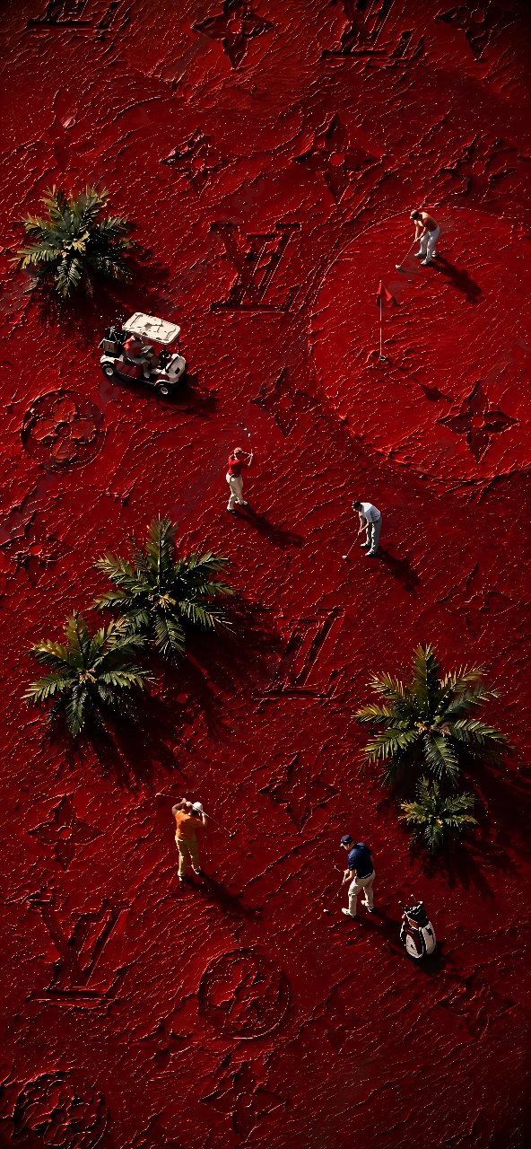 Deep red textured monogram wallpaper featuring miniature golfers, palm trees, golf carts, and golf equipment arranged across the design.