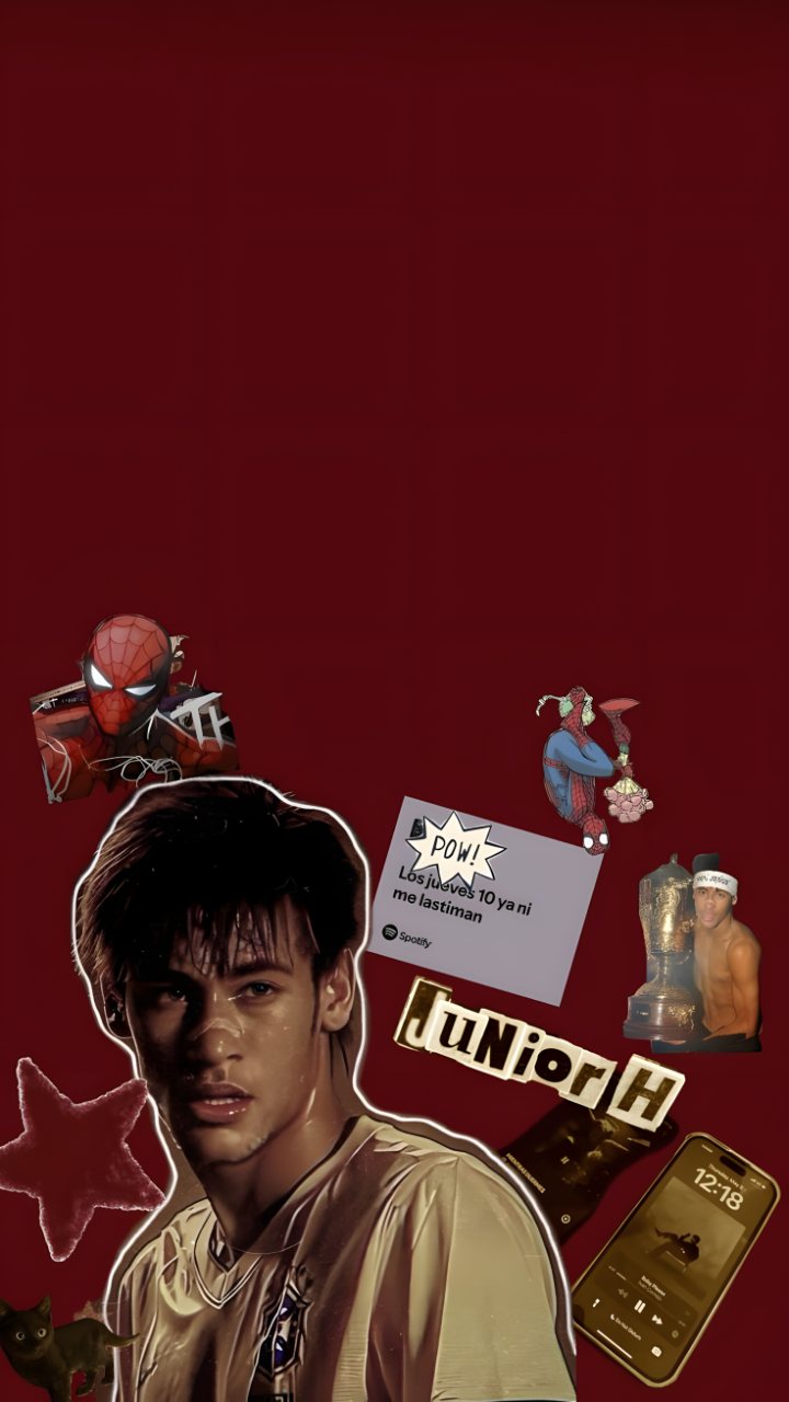 Red collage phone wallpaper featuring Spider-Man illustrations, music controls, stickers, a trophy, and a dramatic portrait of a young man.