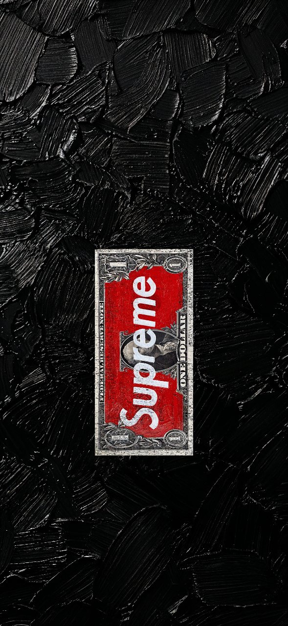 A red Supreme logo covers a dollar bill centered on a heavily textured black brushstroke background.