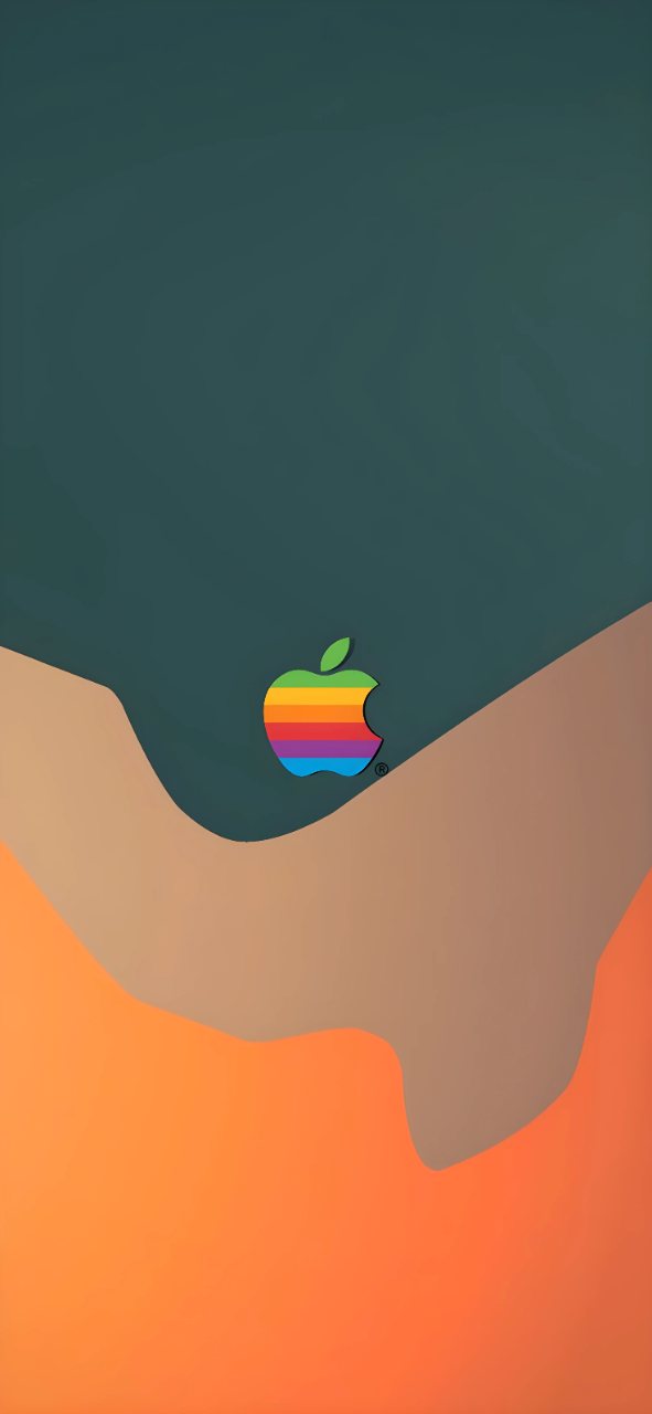 Rainbow Apple logo centered over layered teal, tan, orange, and coral abstract shapes.