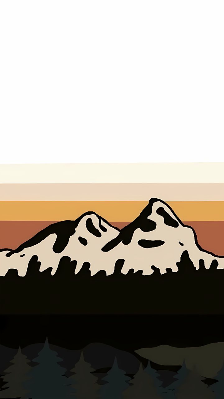 Stylized retro mountain landscape with cream-colored peaks, layered orange and beige sky, and dark evergreen silhouettes in the foreground.