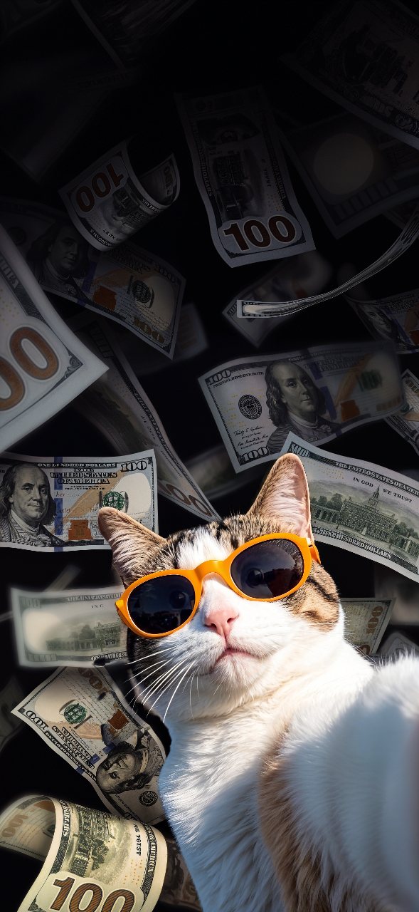 A tabby and white cat wearing bright orange sunglasses poses among floating hundred-dollar bills against a dark background.