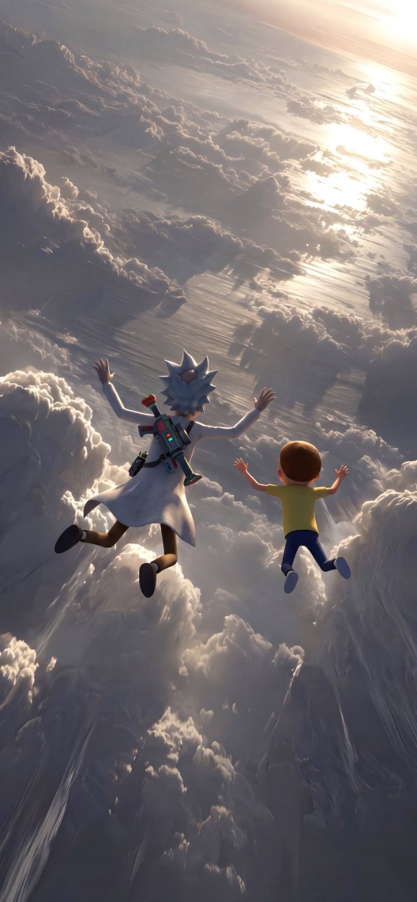Rick and Morty fall through glowing clouds beneath a bright sunlit sky, viewed from behind in a vertical animated scene.