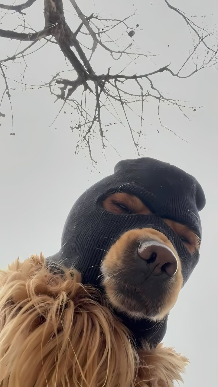 Close-up Rottweiler wearing a black ski mask and shaggy tan coat beneath bare tree branches against a pale sky.