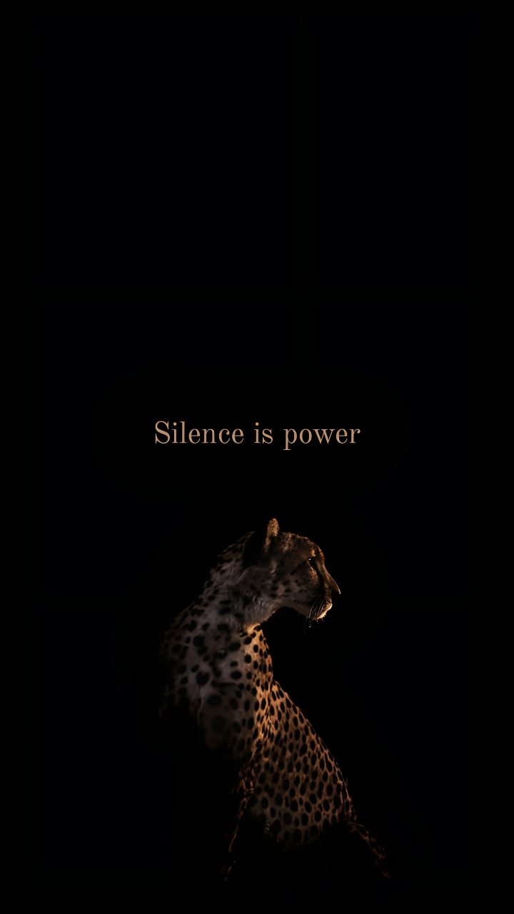 A dimly lit leopard portrait appears against a black background beneath the clearly legible phrase “Silence is power.”