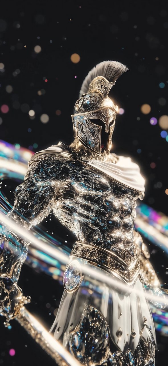 Close-up of a silver armored warrior with a plumed helmet and white cape against a dark background filled with colorful glowing particles.