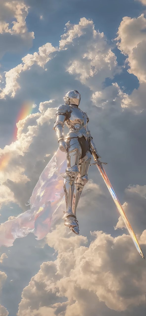 A reflective silver-armored knight holding a glowing sword floats above sunlit clouds beneath a blue sky with a rainbow.