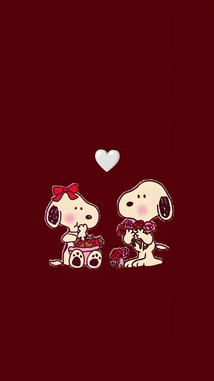 Snoopy characters exchange roses beneath a white heart on a deep red background.