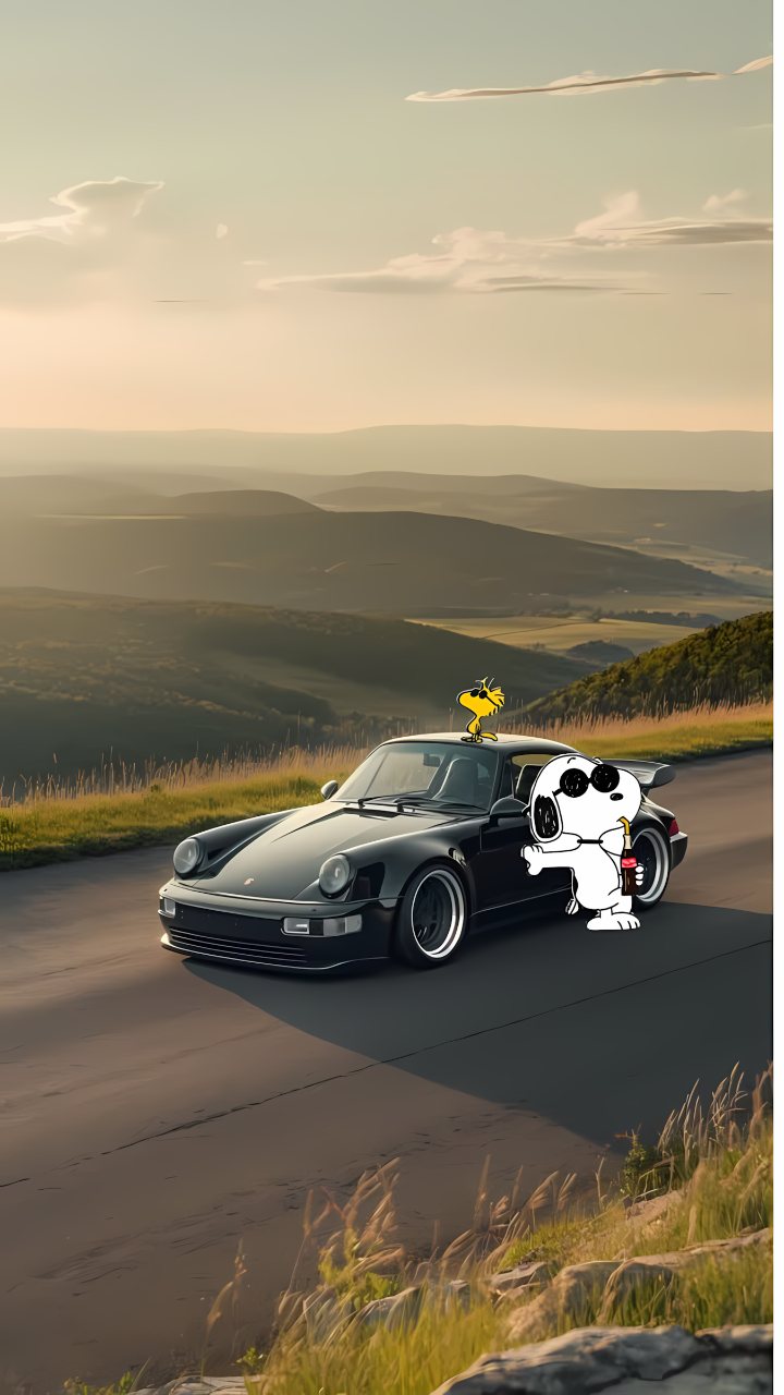 Snoopy stands beside a classic black Porsche on a country road, with Woodstock on the roof and rolling hills beneath a warm sky.