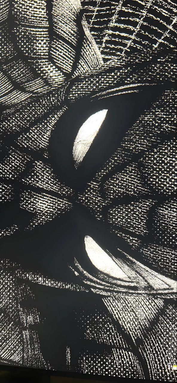 Abstract black and white brush texture with layered sweeping strokes, dotted highlights, and bright curved shapes on a dark background.