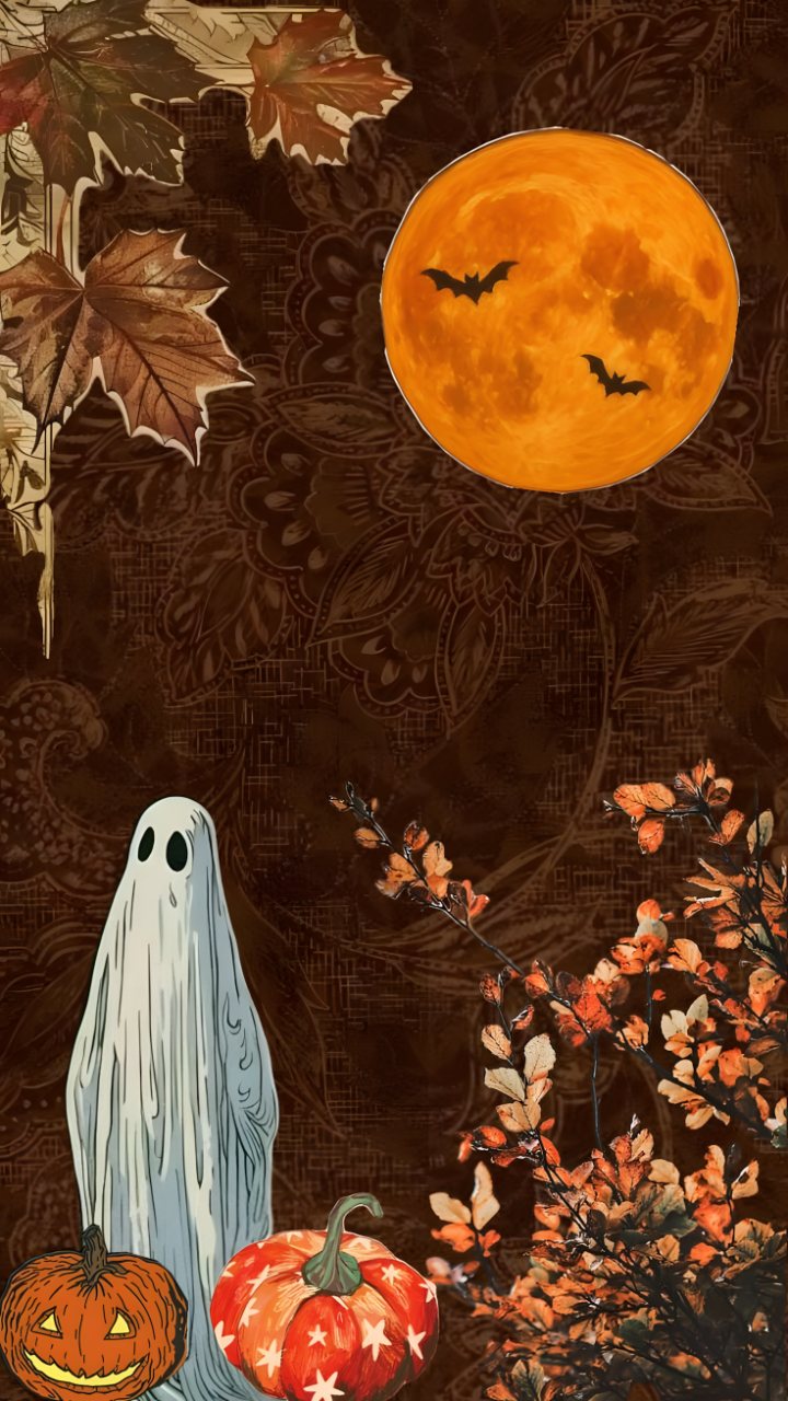Illustrated autumn Halloween scene with a white ghost, carved pumpkins, orange moon, flying bats, fallen leaves, and orange branches on a brown patterned background.