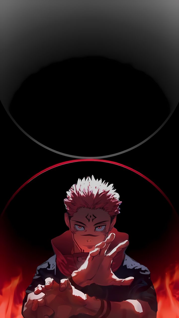 Anime portrait of Sukuna with pink hair and red eyes, surrounded by red flames against a black background.