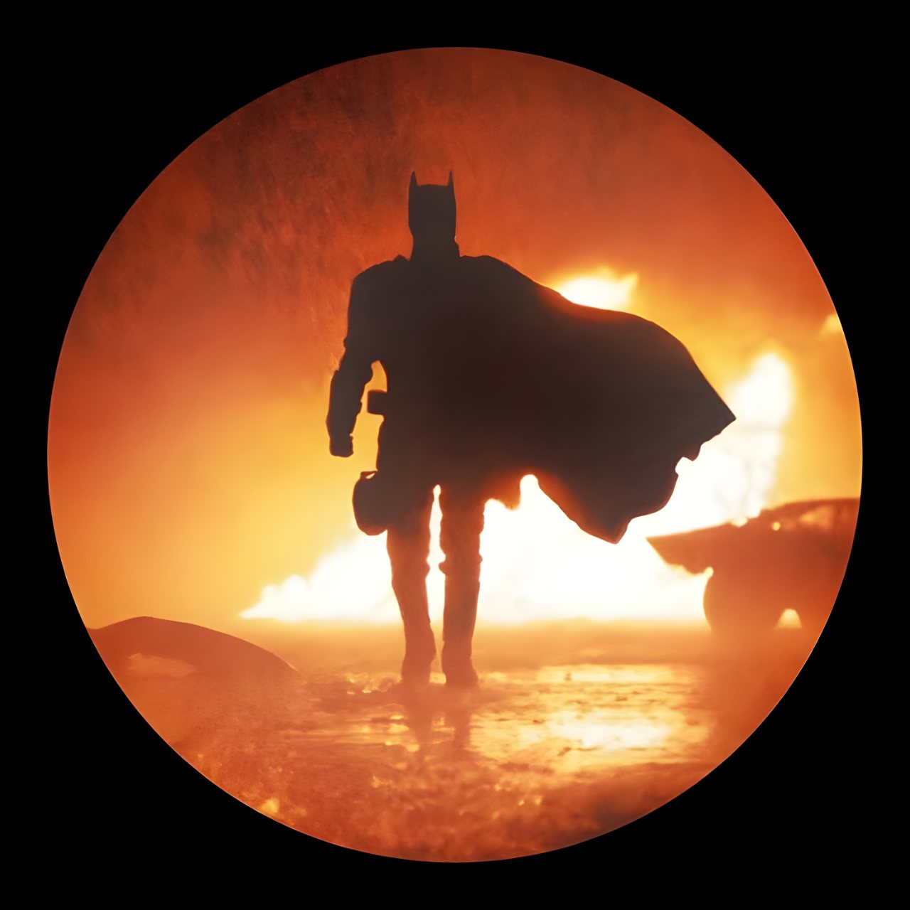 A dark superhero silhouette stands against a glowing orange sunset inside a circular frame, creating a bold motivational profile picture.
