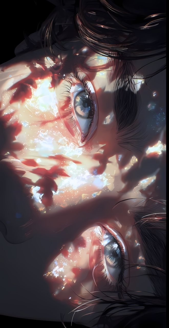 Surreal anime portrait of a dark-haired girl with large reflective eyes, glowing highlights, soft red and blue colors, and mirrored facial details.