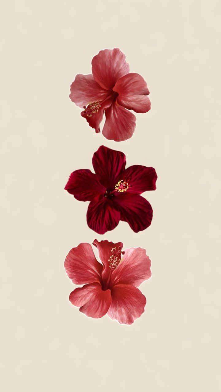 Three red and pink hibiscus flowers arranged vertically on a plain warm beige background.