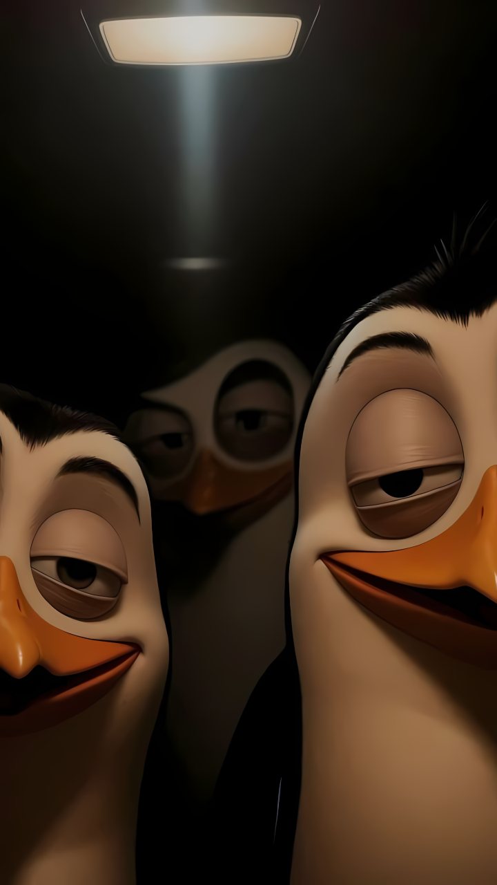 Three sleepy cartoon ducks with orange bills peek from a dark background beneath a soft overhead light.