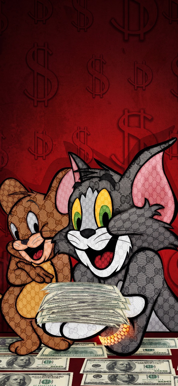 Tom and Jerry smile while holding stacks of cash, with dollar signs, banknotes, and a gold watch against a deep red background.