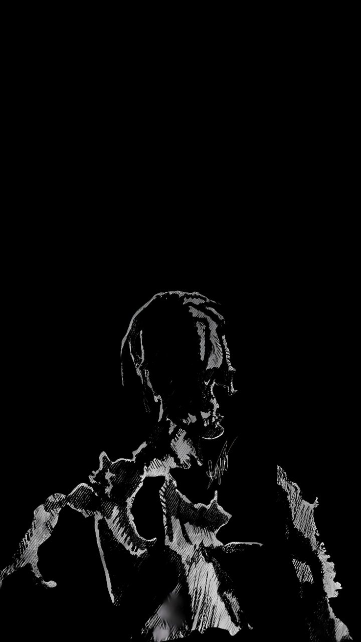 Black and white sketch of a skeleton-like figure centered on a solid black background.
