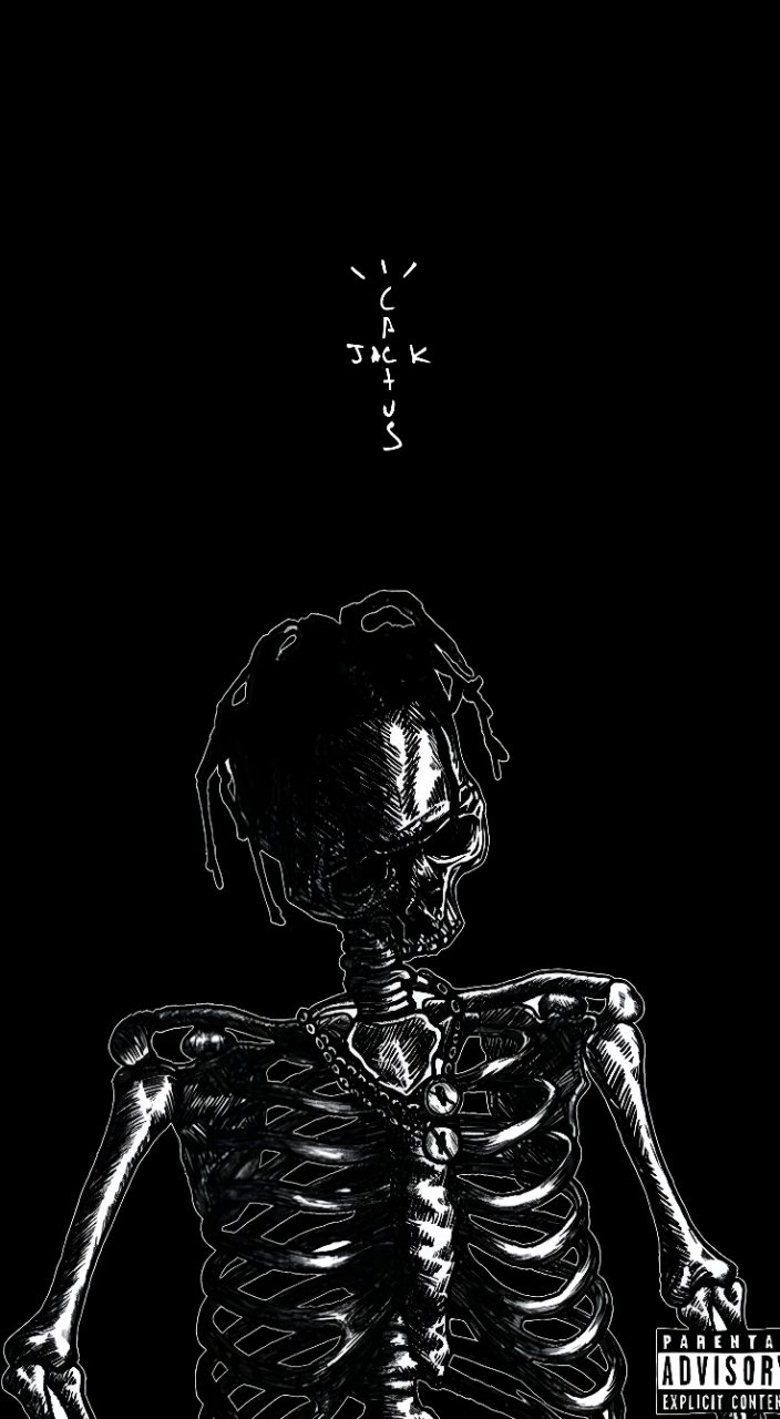 Black phone wallpaper showing a white-outlined skeleton with dreadlocks, handwritten Travis lettering above, and an explicit-content label at the bottom.