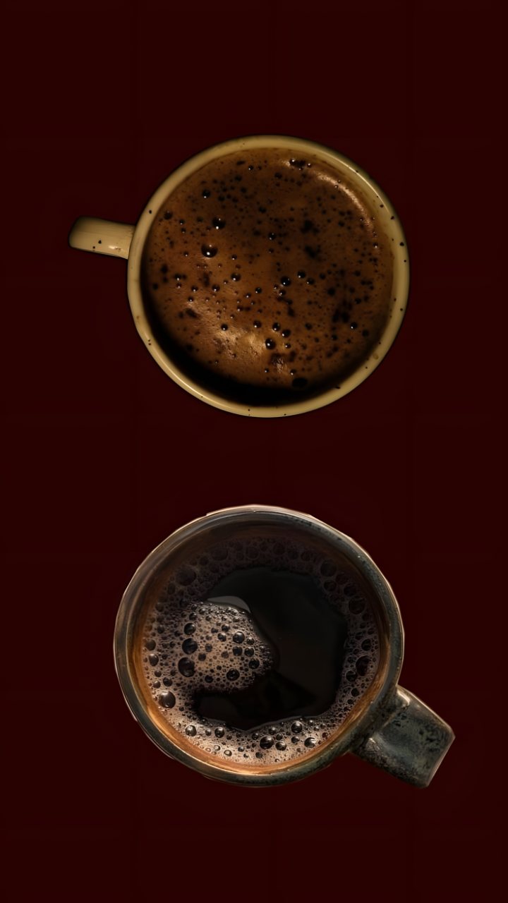 Top-down view of two coffee cups filled with dark coffee and foam against a deep red background.