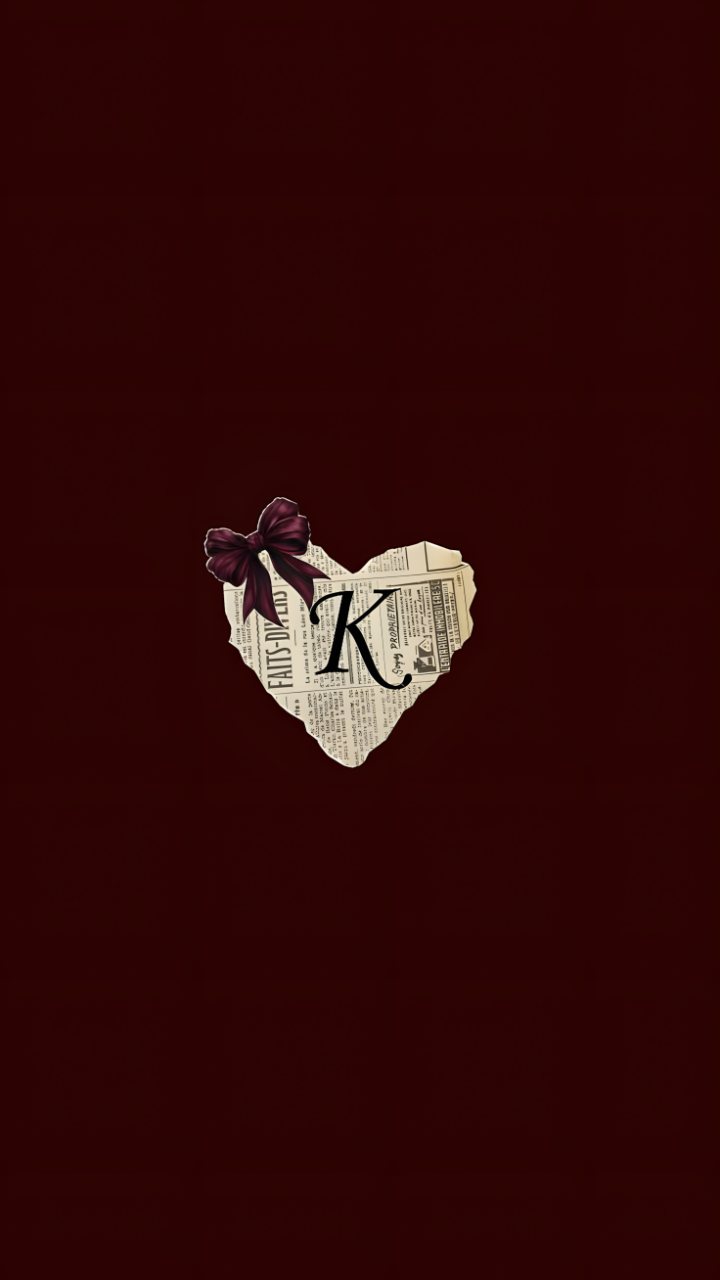 Deep burgundy phone wallpaper with a centered torn vintage newspaper collage, burgundy bow, and large black letter K.