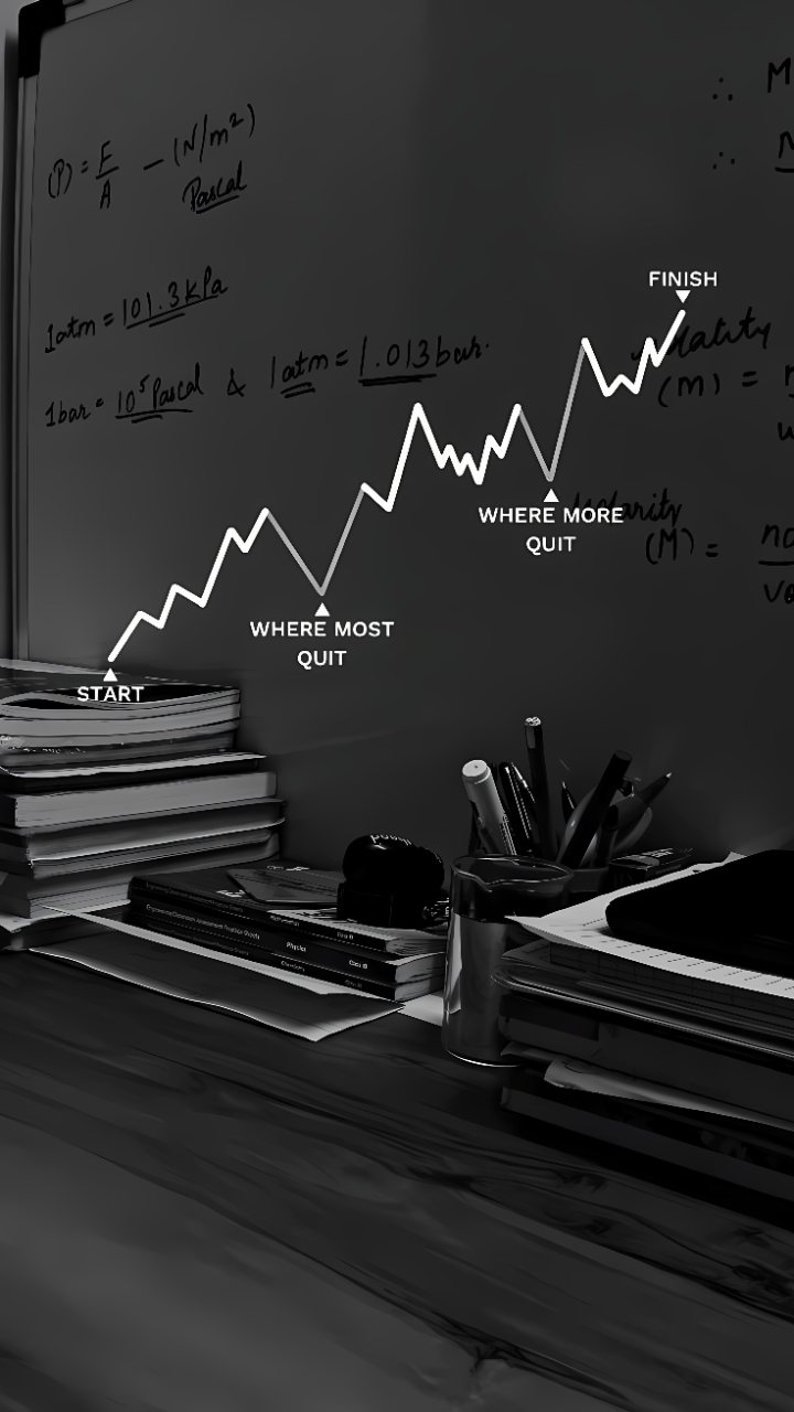 Dark study desk with stacked books, handwritten formulas, and a rising graph labeled Start, Where Most Quit, Where More Quit, and Finish.