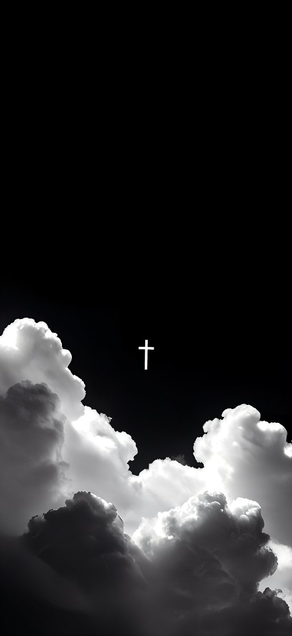 A small white cross appears above bright and dark clouds against a black sky in this monochrome Christian phone wallpaper.