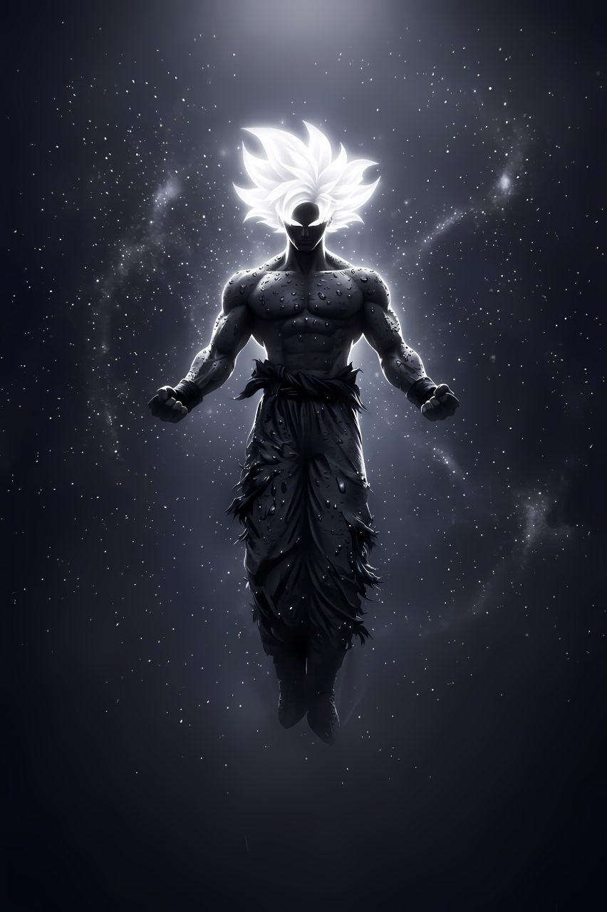 A muscular white-haired anime warrior floats in a dark star-filled space scene, illuminated by a bright white glow around his hair.
