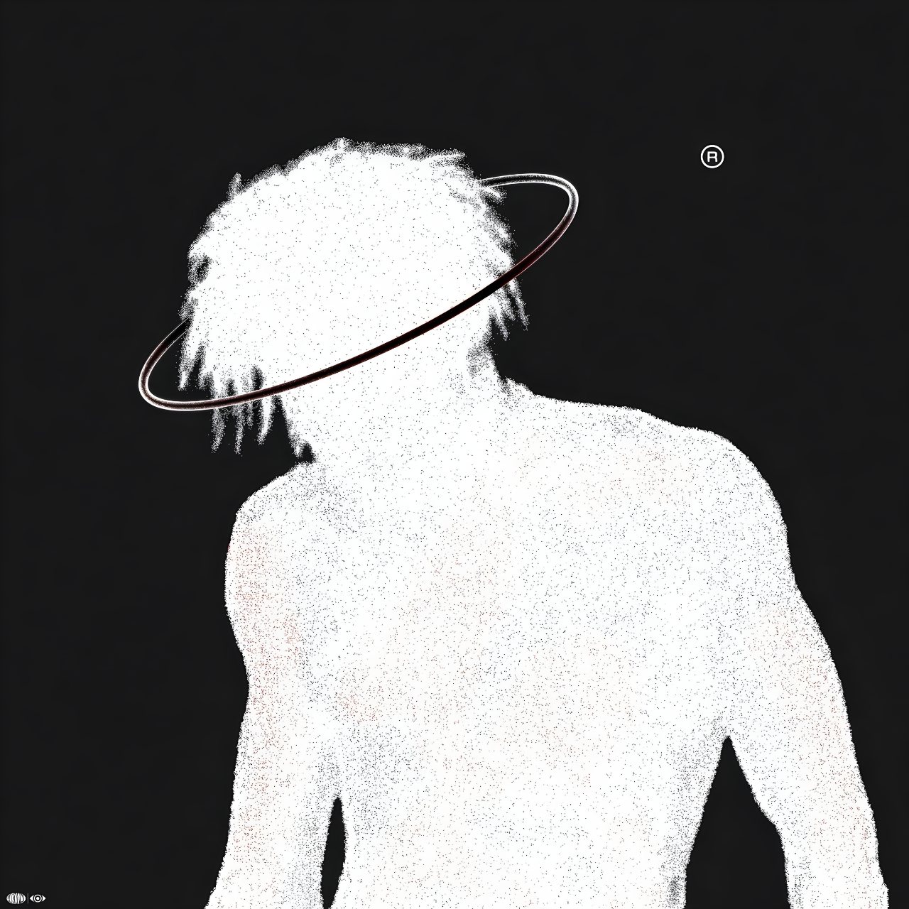 White textured human silhouette with a thin halo-like ring around the head against a black background.