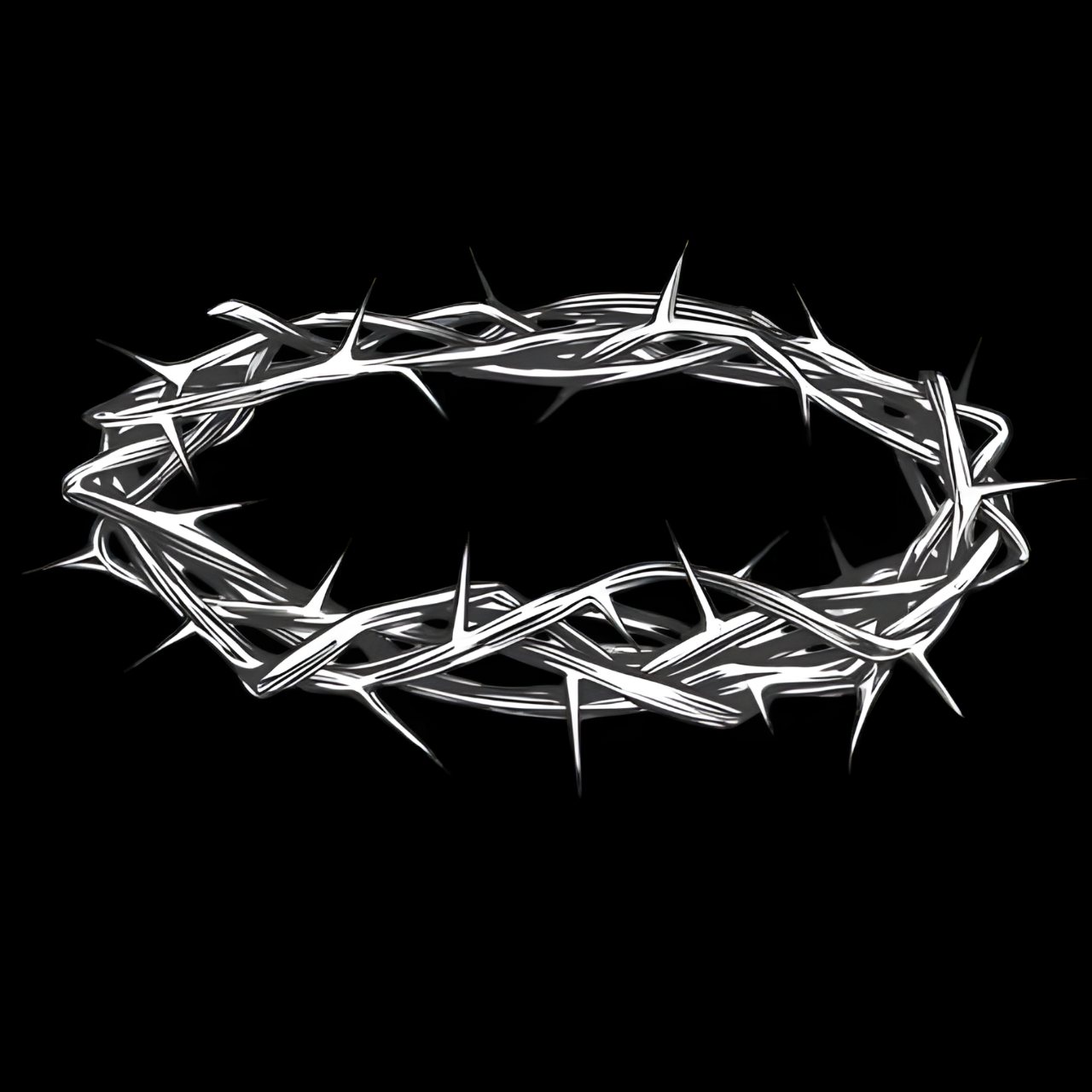 A white crown of thorns rendered in sharp line art against a solid black background.