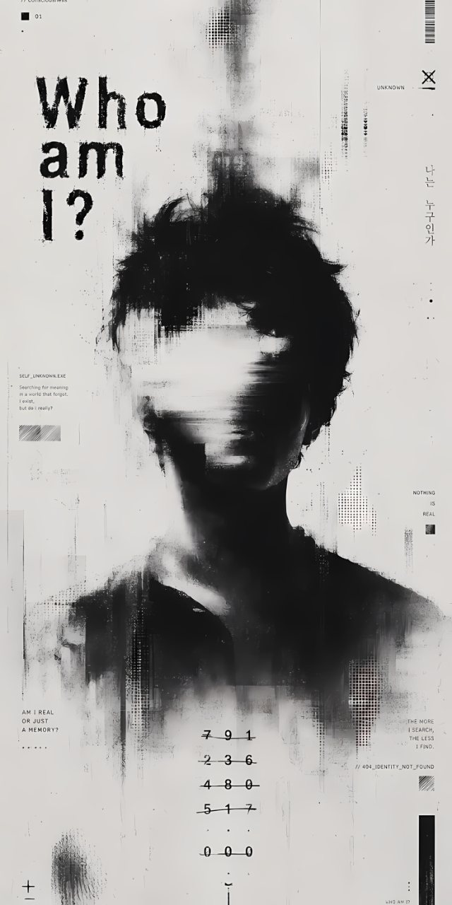 Monochrome glitch portrait of a distorted faceless person with the words “Who am I?” and fragmented identity-themed text.